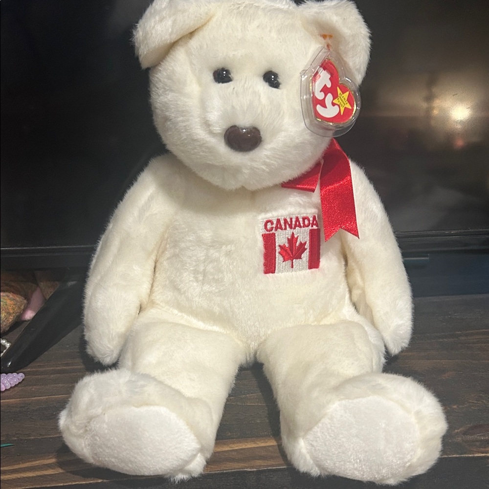 Ty White Canada Bear with Red Ribbon